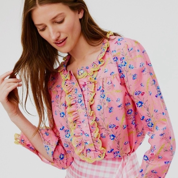 J.Crew Liberty Fabric Pink Cotton Poplin Blouse XS Ruffle Wheat Bouquet Floral - Picture 1 of 8